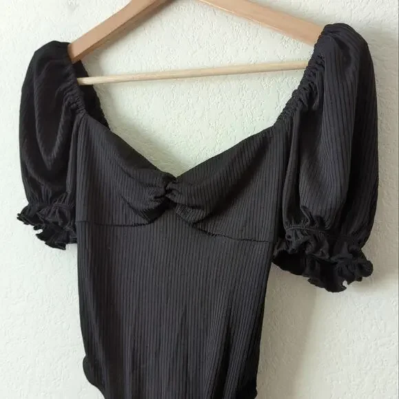 ASTR The Label Womens Bodysuit Rib Knit Sweetheart Neck Ruched Puff Sleeve Small - Picture 2 of 7